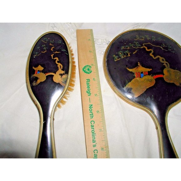 Antique Chinese Bakelite Black and Gold Large Hand Painted Mirror and Brush Set - Picture 9 of 12